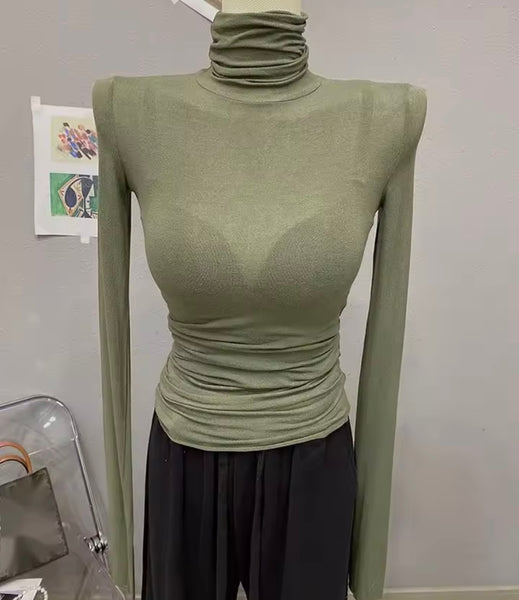 Women Fashion Turtleneck Full Sleeve Mesh Top