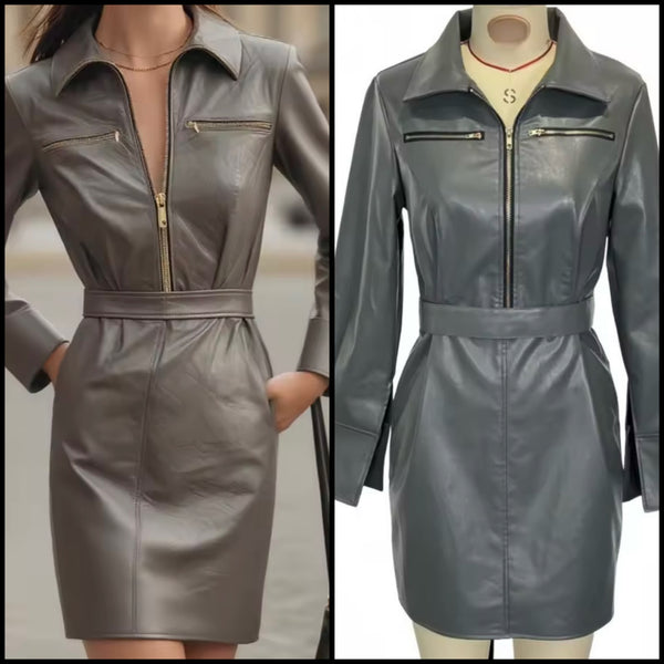 Women Gray Zip Up Fashion Faux Leather Dress