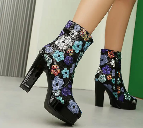 Women Fashion Black Sequins Floral Patent Leather Platform Ankle Boots