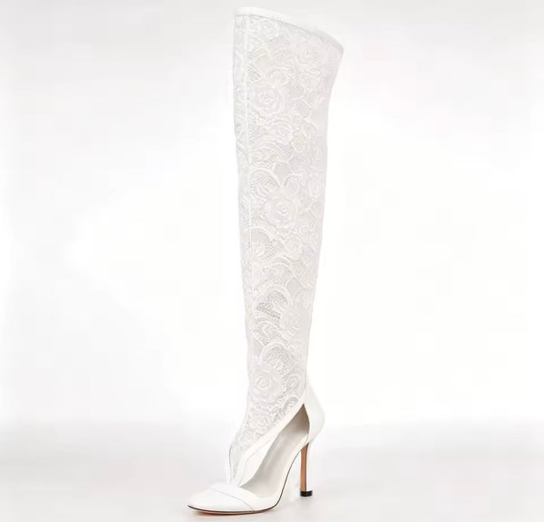 Women Fashion Open Toe Lace High Heel Knee High Boots