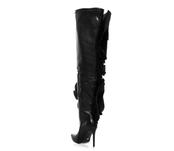 Women Fashion Faux Leather Black Flower Knee High Boots