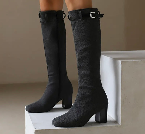 Women Fashion Color Buckled Zip Up Knee High Boots