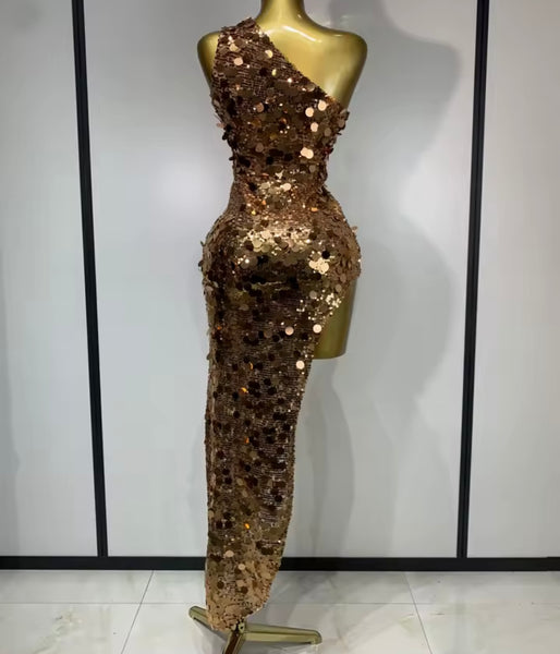 Women Sexy One Shoulder Gold Sequins Asymmetrical Dress