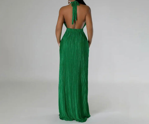 Women Sexy Halter Sleeveless Open Back Solid Color Maxi Dress