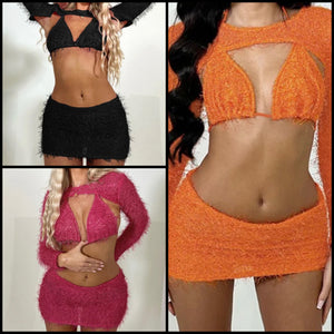 Women Sexy Faux Fur Three Piece Skirt Set