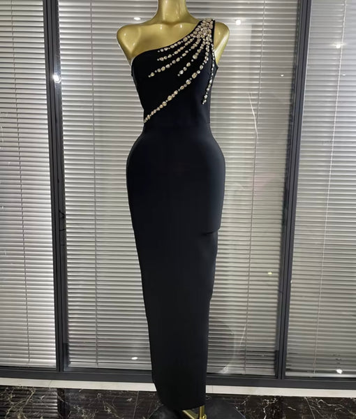 Women Black Rhinestone One Shoulder Sleeveless Maxi Dress