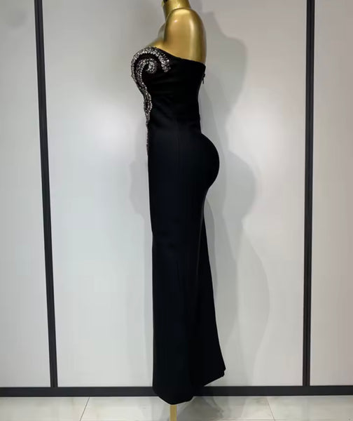 Women Sexy Strapless Crystal Rhinestone Black Maxi Dress