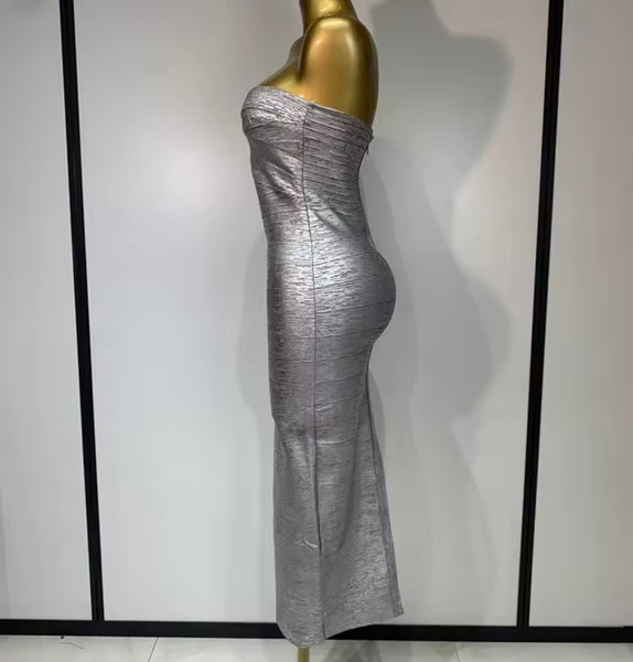 Women Silver Sexy Strapless Bandage Maxi Dress
