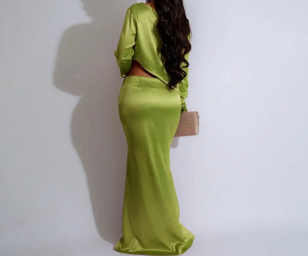 Women Sexy Satin Full Sleeve Solid Color Two Piece Maxi Skirt Set