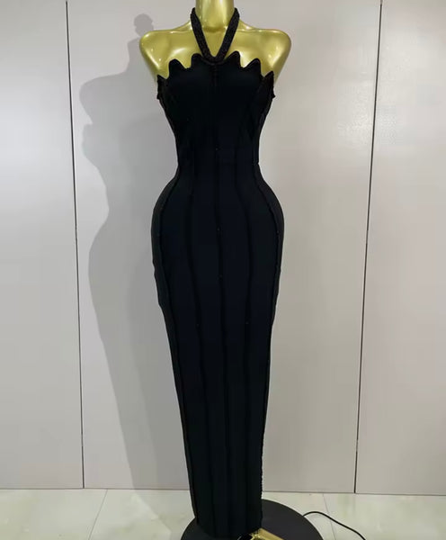 Women Black Sexy Beaded Halter Sleeveless Maxi Dress