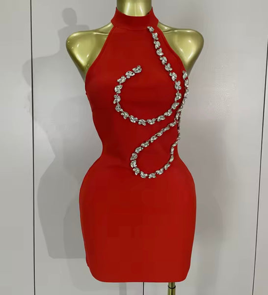 Women Sexy Sleeveless Rhinestone Print Dress