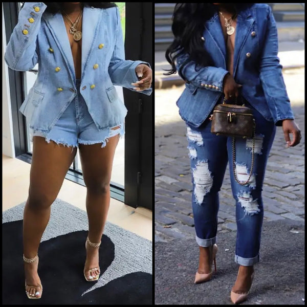 Women Fashion Gold Button Denim Blazer Jacket