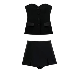 Women Sexy Strapless Button Up Two Piece Wrap Short Set