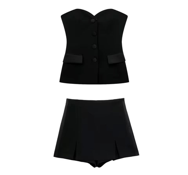Women Sexy Strapless Button Up Two Piece Wrap Short Set
