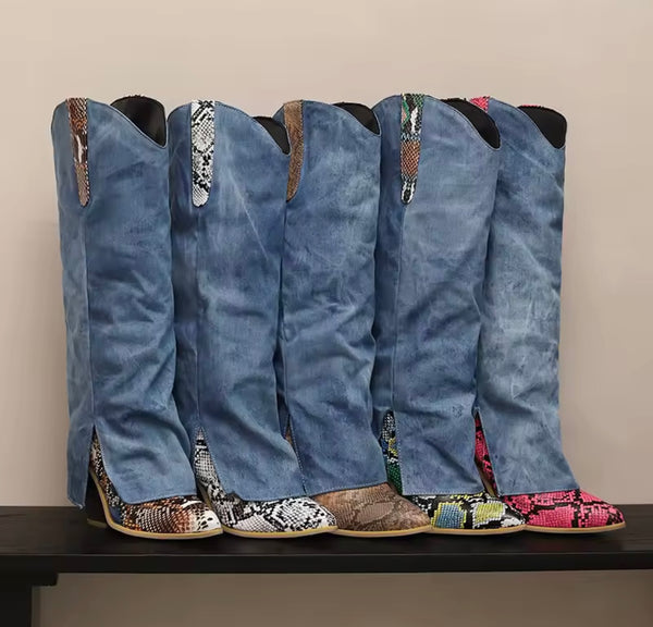 Women Fashion Color Animal Print Denim Knee High Western Boots