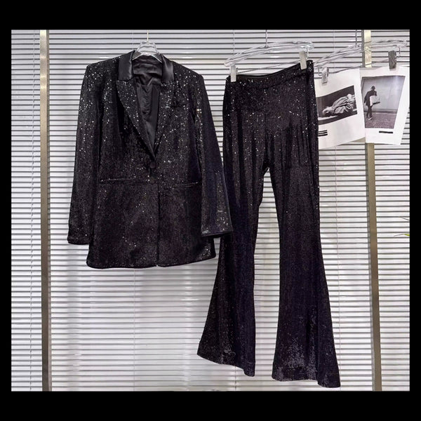 Women Black Sequins Blazer Two Piece Pant Set