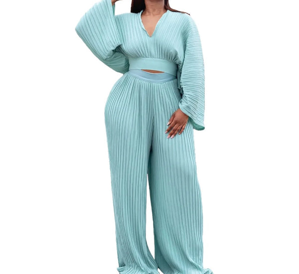 Women Sexy Fashion Full Sleeve Pleated Two Piece Pant Set