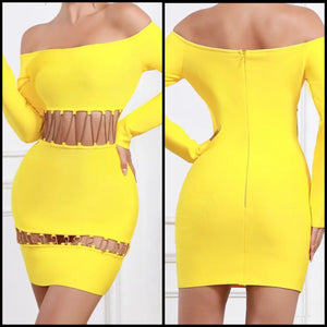 Women Yellow Sexy Chain Cut Out Full Sleeve Dress