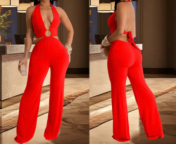 Women Sexy Sleeveless Solid Color Open Tie Up Back Jumpsuit