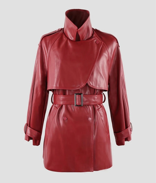 Women Faux Leather Belted Short Fashion Trench Jacket