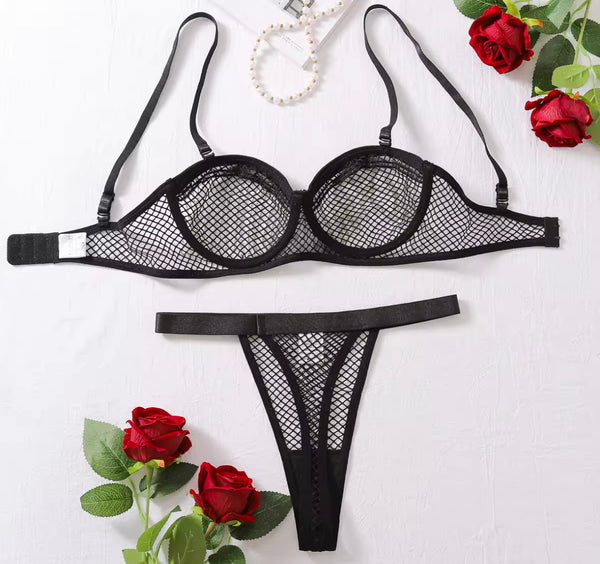 Women Sexy Black PU Netted Blind Tassel Lingerie Set