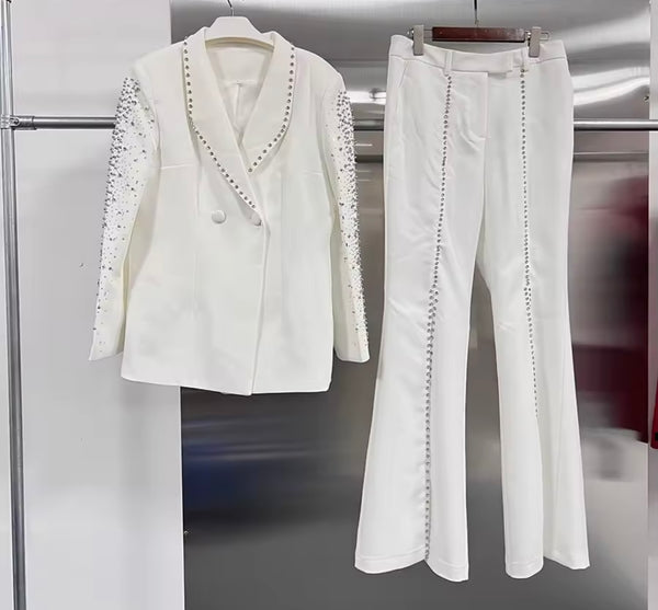 Women White Rhinestone Button Up Blazer Two Piece Split Pant Set