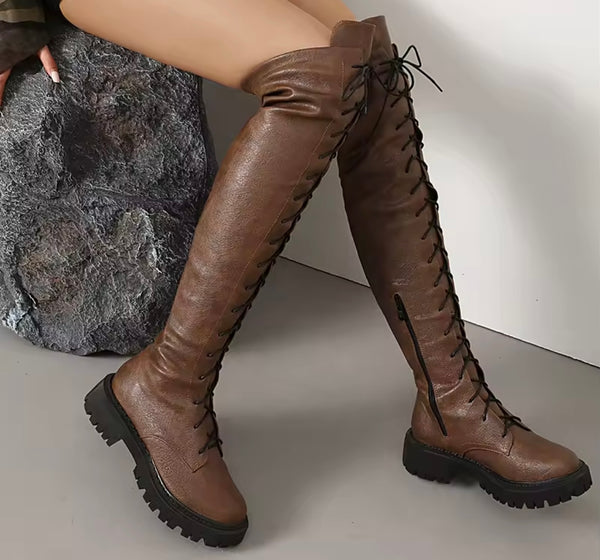 Women Color Fashion Faux Leather Flat Lace Up Knee High Boots