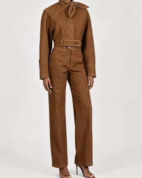 Women Brown Fashion Denim Jacket Button Two Piece Pant Set