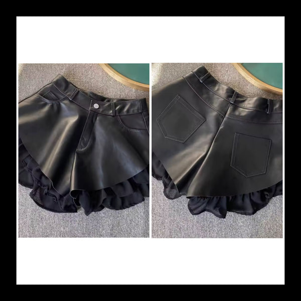 Women Black Ruffled Faux Leather Fashion Shorts