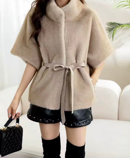 Women Fashion Warm Short Sleeve Faux Fur Belted Jacket