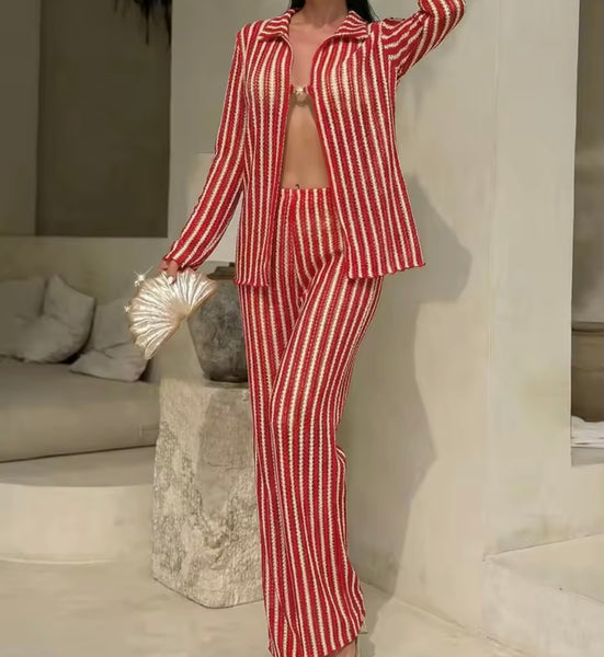 Women Sexy Color Striped Bikini Cover Up Set