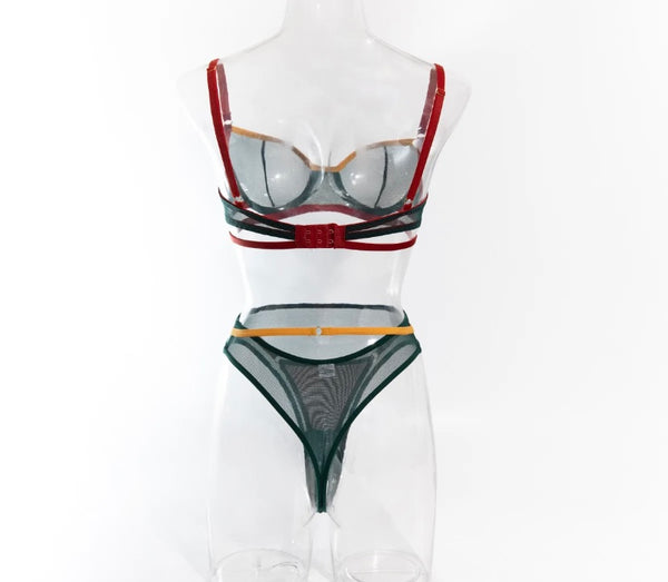 Women Sexy Color Patchwork Mesh Lingerie Set