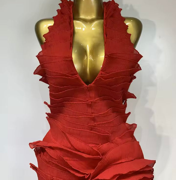 Women Red Sexy Halter Sleeveless Ruffled Maxi Dress