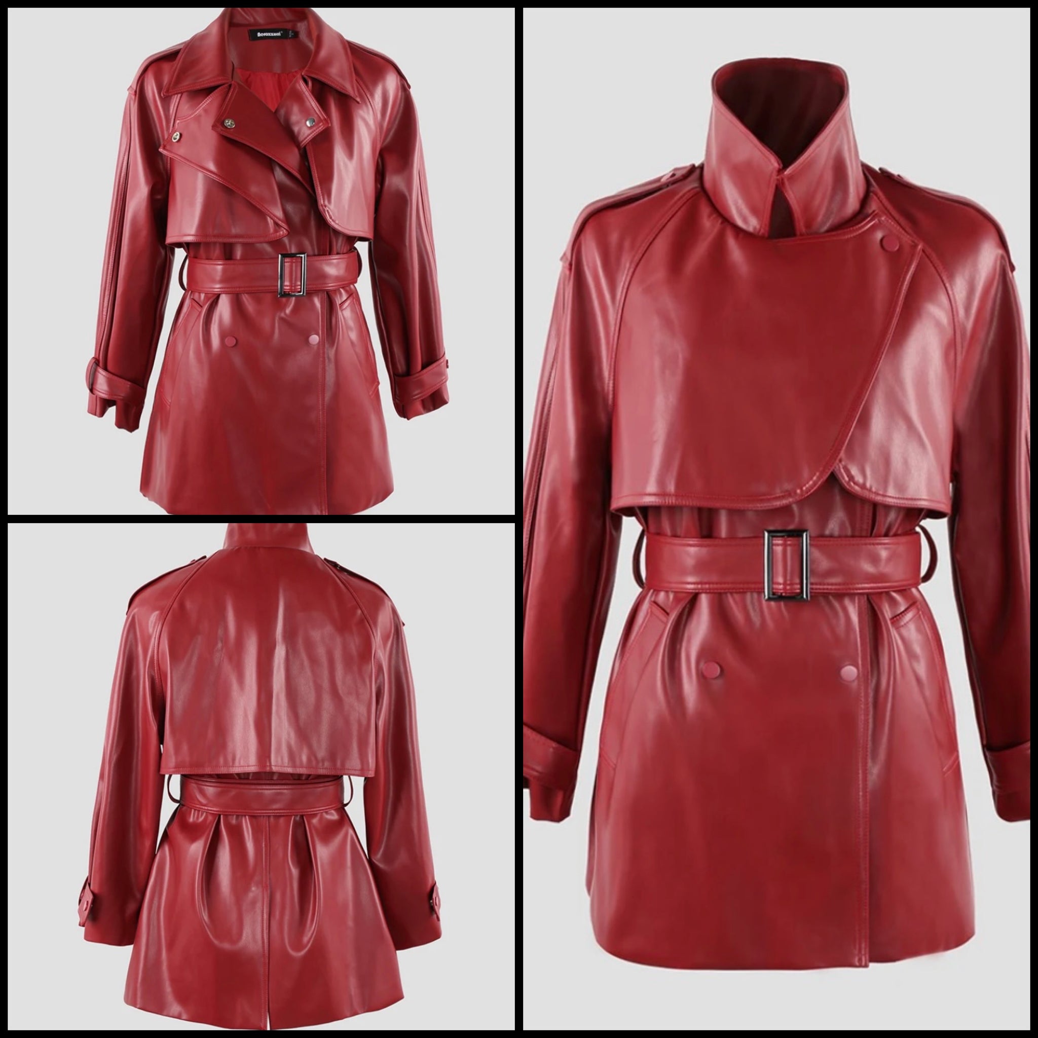 Women Faux Leather Belted Short Fashion Trench Jacket