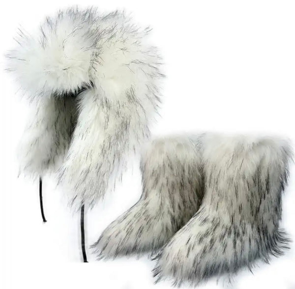 Women Fashion Color Faux Fur Ankle Boots Hat Set