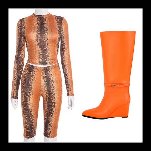 Women Fashion Color Faux Leather Buckle Wedge Knee High Boots
