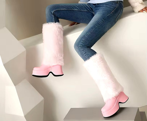 Women Color Fashion Furry Faux Leather Platform Knee High Boots