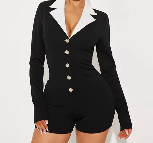 Women Sexy B&W Collar Full Sleeve Button Up Romper