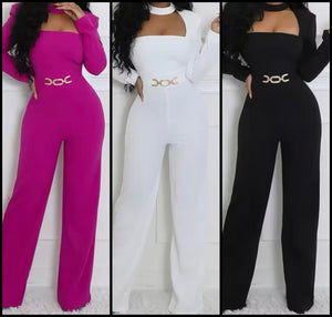 Women Sexy Solid Color Choker Full Sleeve Waist Chain Jumpsuit