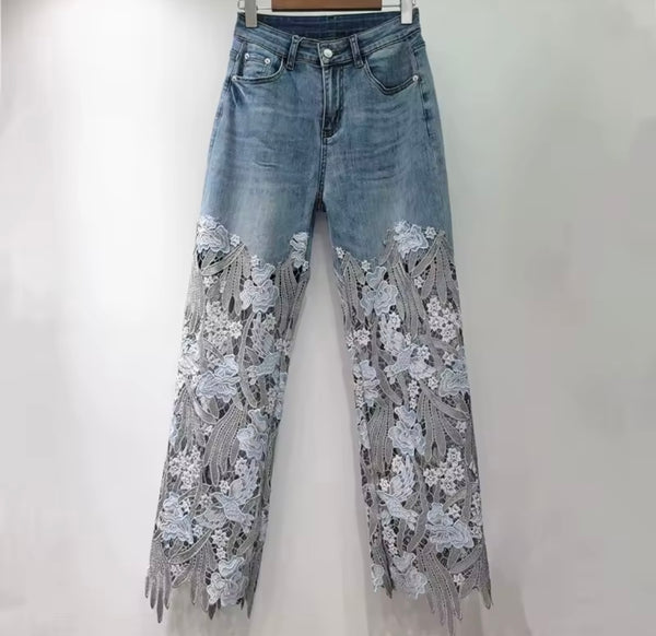 Women Fashion Embroidery Lace Patchwork Denim Pants