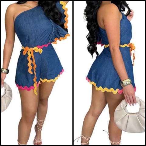 Women Sexy One Shoulder Color Patchwork Fashion Romper
