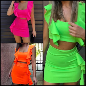 Women Sexy Solid Color Ruffled Sleeveless Two Piece Skirt Set