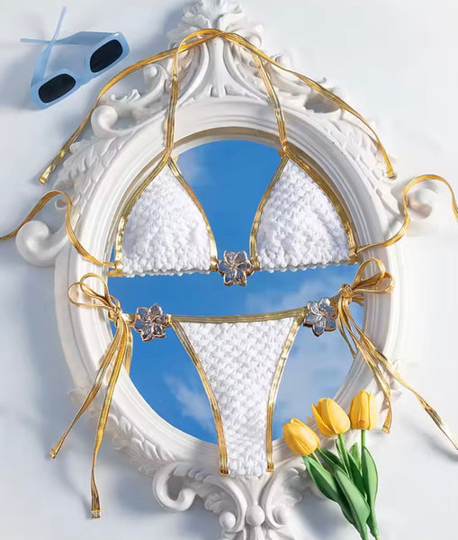 Women Sexy White/Gold Floral Tie Up Bikini