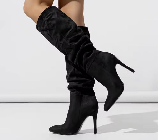 Women Fashion Suede Ruched Knee High Boots