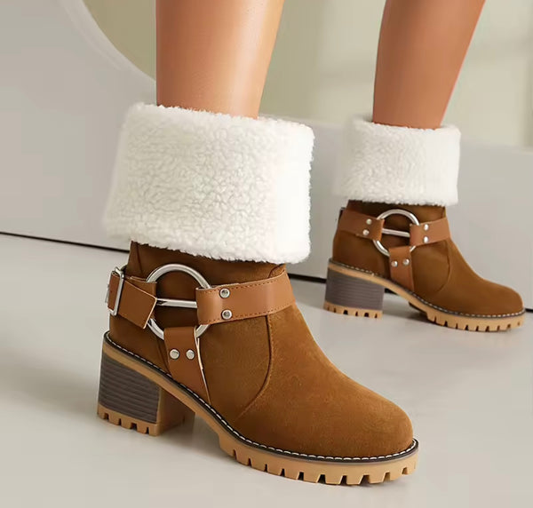 Women Fashion Color Suede Warm Furry Metal Ring Boots