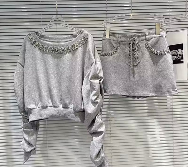 Women Fashion Rhinestone Sweater Two Piece Skirt Set
