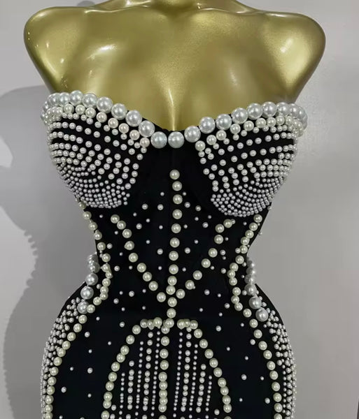 Women Sexy Strapless Rhinestone Pearl Mermaid Maxi Dress