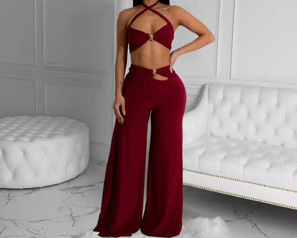 Women Sexy Halter Sleeveless Metal Cut Out Two Piece Pant Set