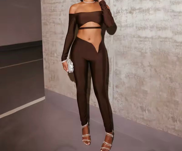 Women Off The Shoulder Cut Out Full Sleeve Crop Two Piece Pant Set