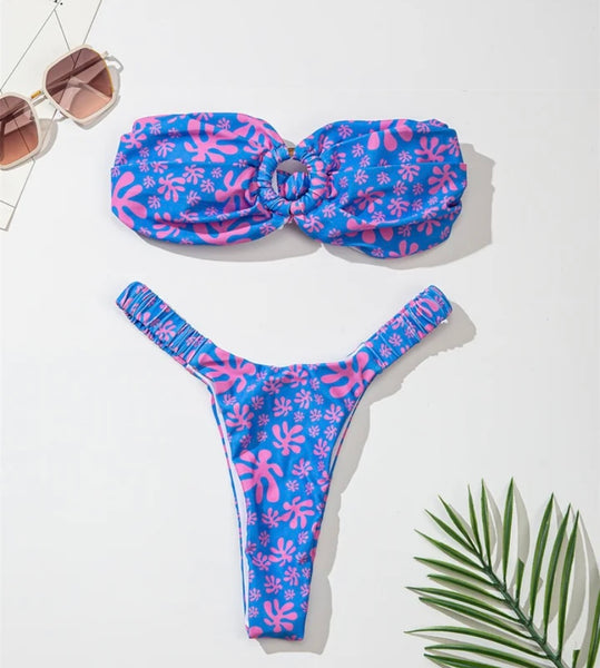 Women Sexy Strapless Colorful Print Bikini Swimsuit